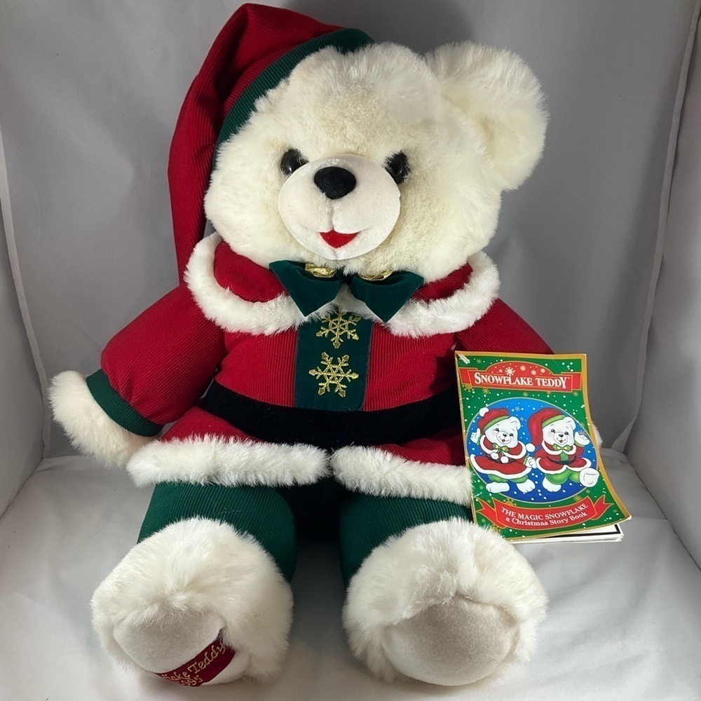 Vintage Bear Snowflake Teddy 1995 with Story Book White Green Red